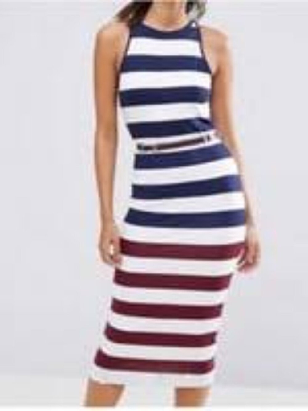 Ted Baker Sleeveless Striped Midi Dress in Blue, Burgundy, White & Size 3/USA 8